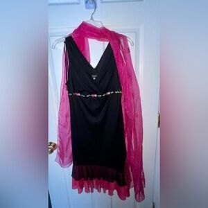 Black Dress with Pink Floral Accents and decorated wrap